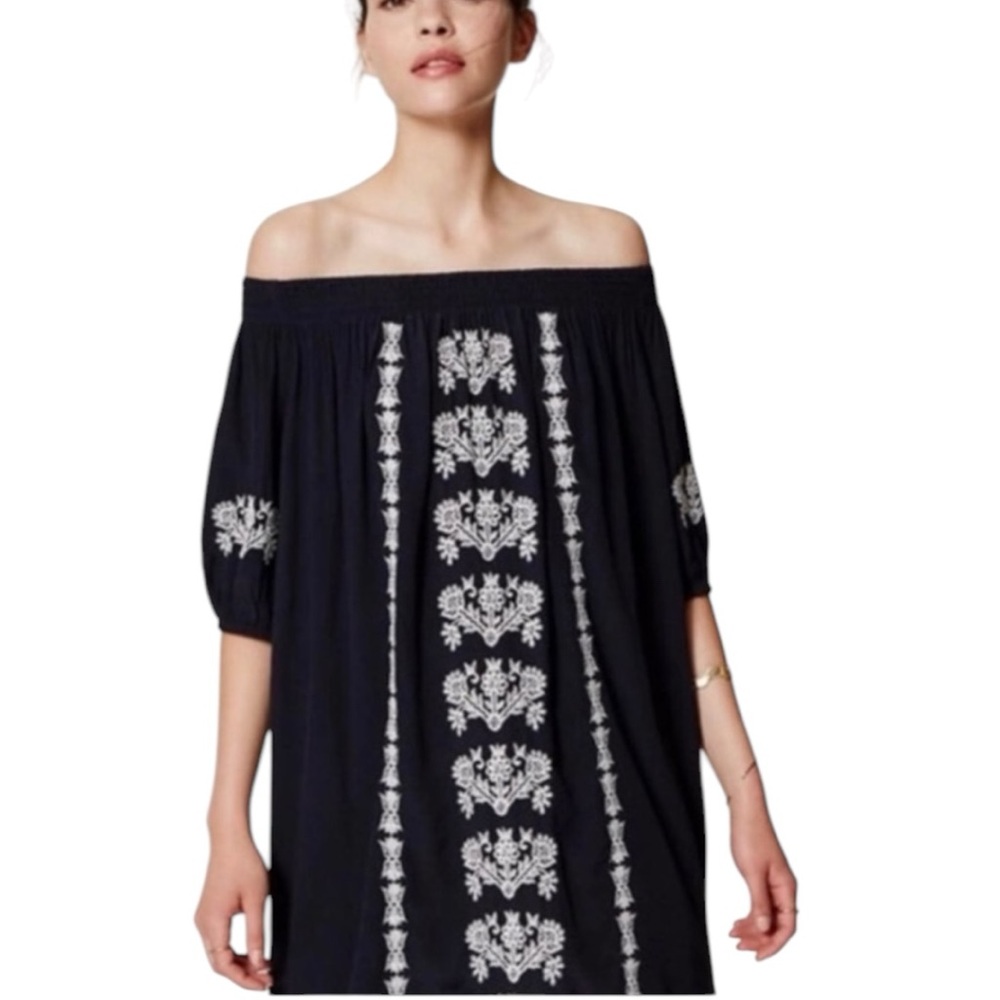 Loft Dress Womens XXSP Floral Embroidered Off The Shoulder Navy Blue White